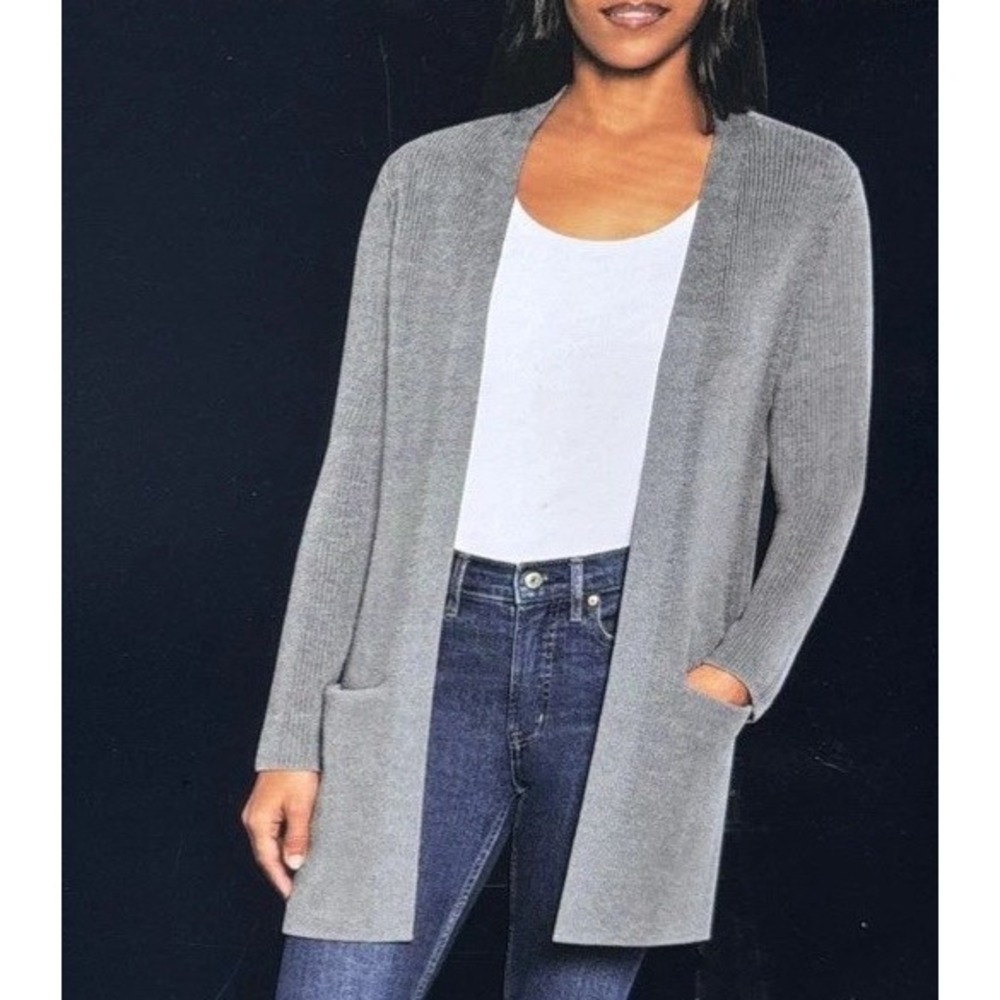Gap Gray Ribbed Open Front Long Cardigan Sweater with Pockets Sz Lg /‎ #1169